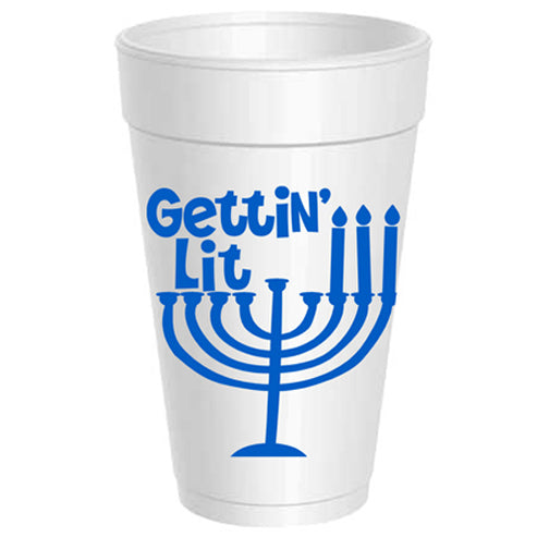 16 oz white styrofoam cup with blue 'Gettin' Lit' text and a Hanukkah menorah graphic.