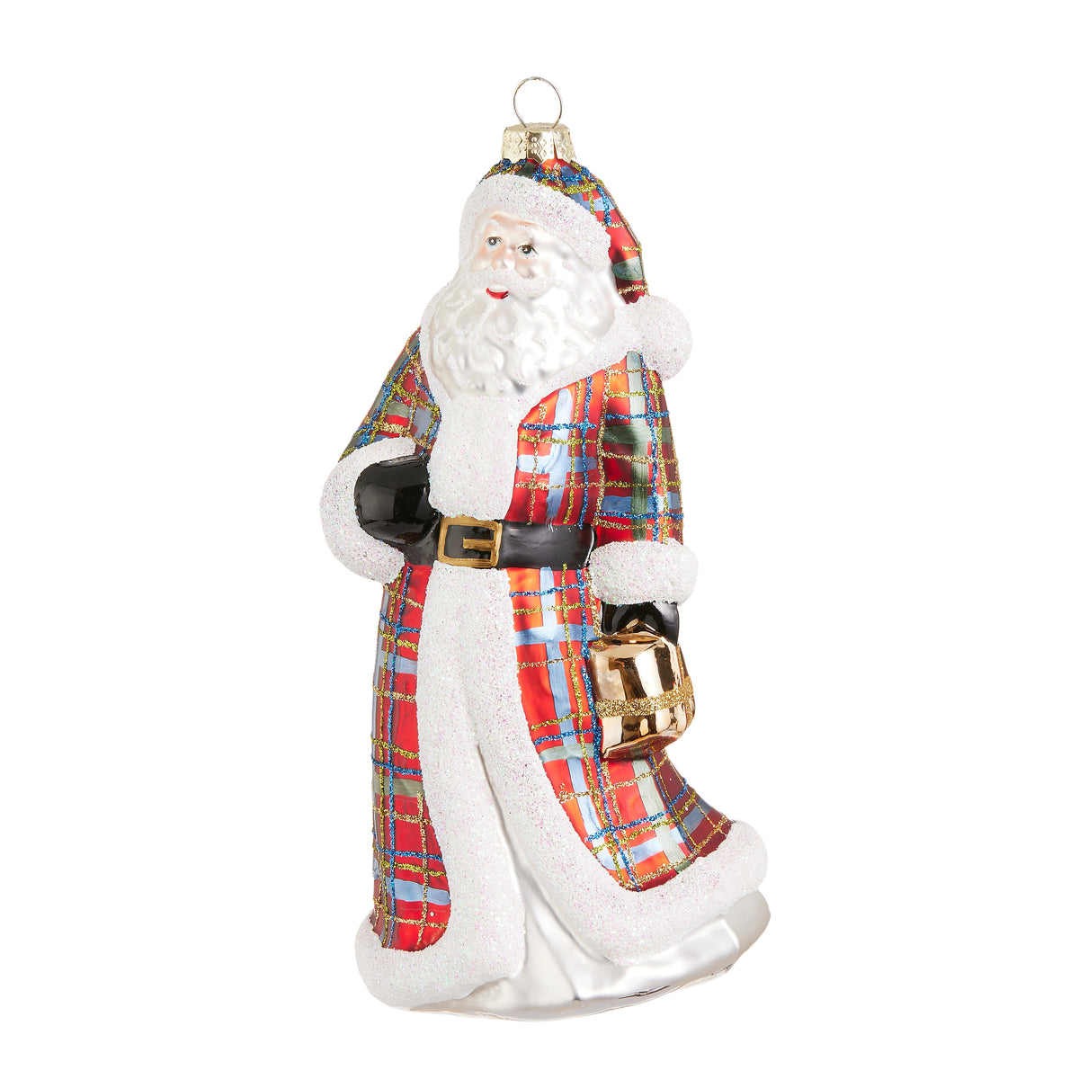 7.5-inch glass Santa ornament wearing a red plaid coat with white glitter trim and a gold gift box.
