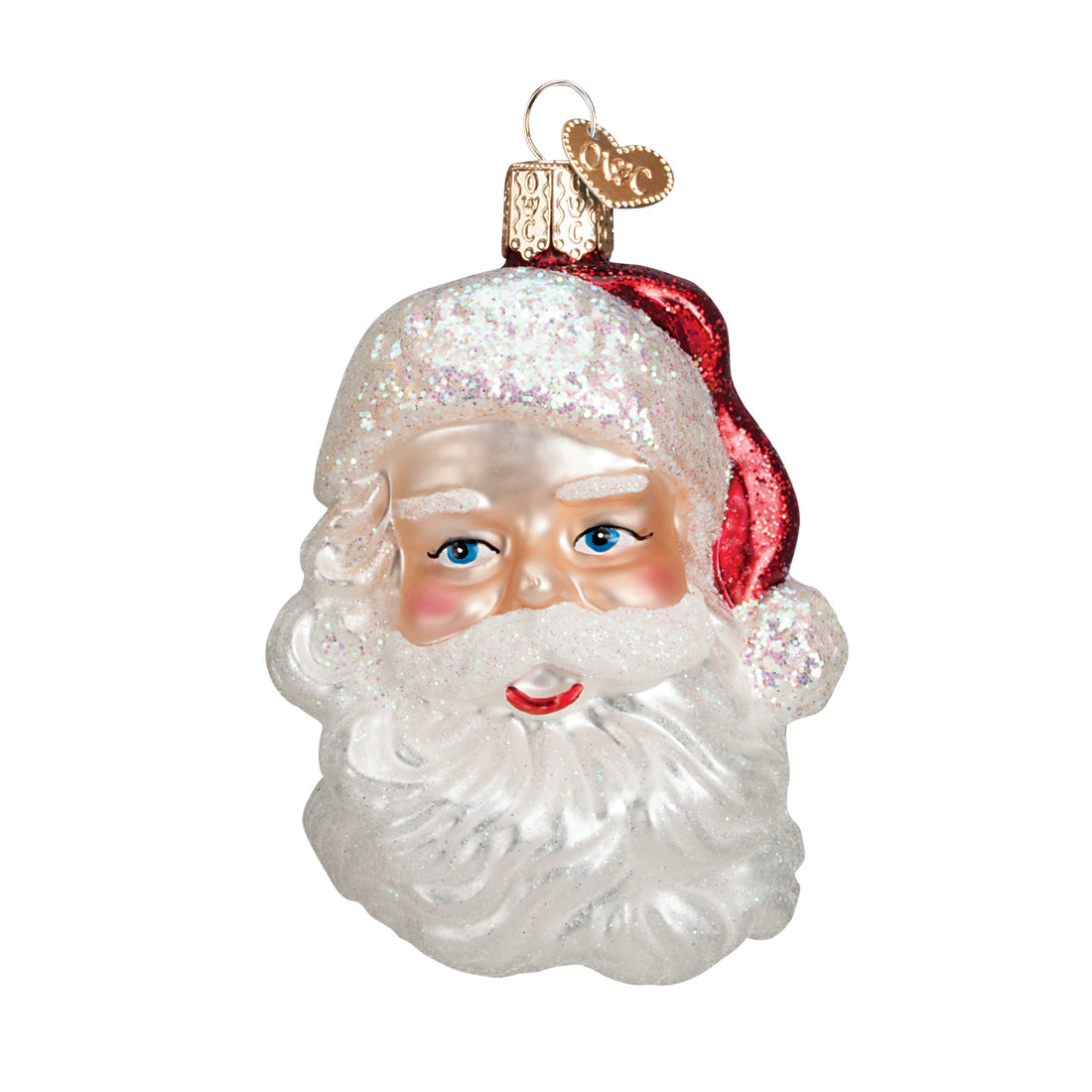 Mid Century Santa Head glass ornament with glittery white beard and red hat.