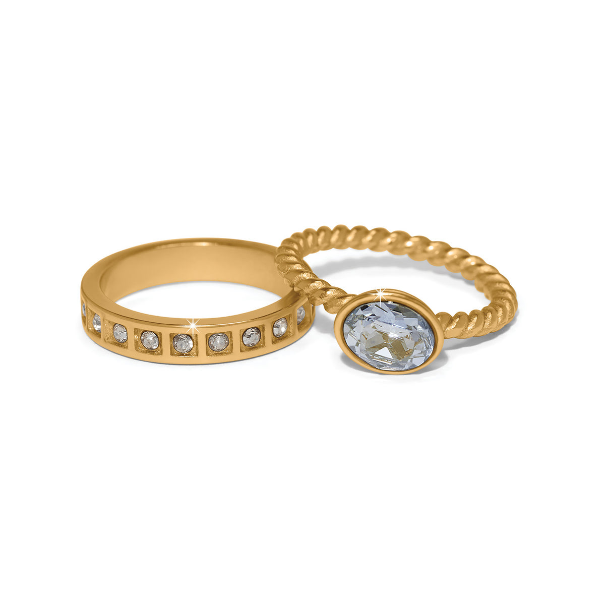 Love Knows Duo Rings: one gold band with crystals and one gold twisted ring with an oval crystal.