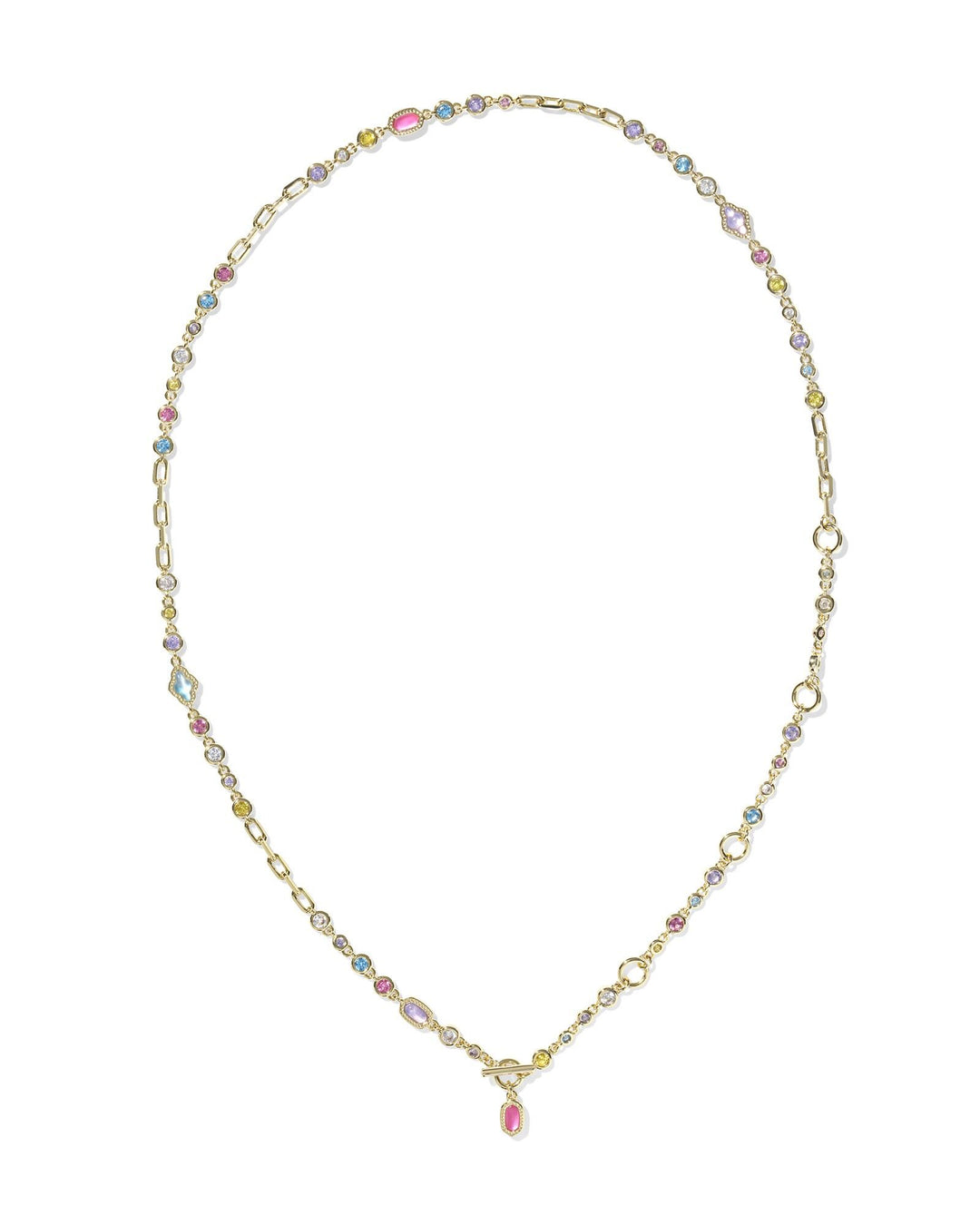 Mini Elisa Abbie Strand Necklace with multi-colored gemstones on a gold chain with a toggle clasp.