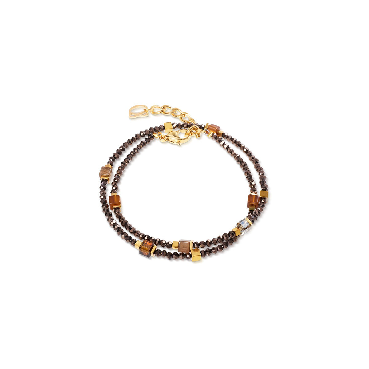 Double-wrap Joyful Colours Flex Bracelet with faceted brown beads and gold-plated cube accents.