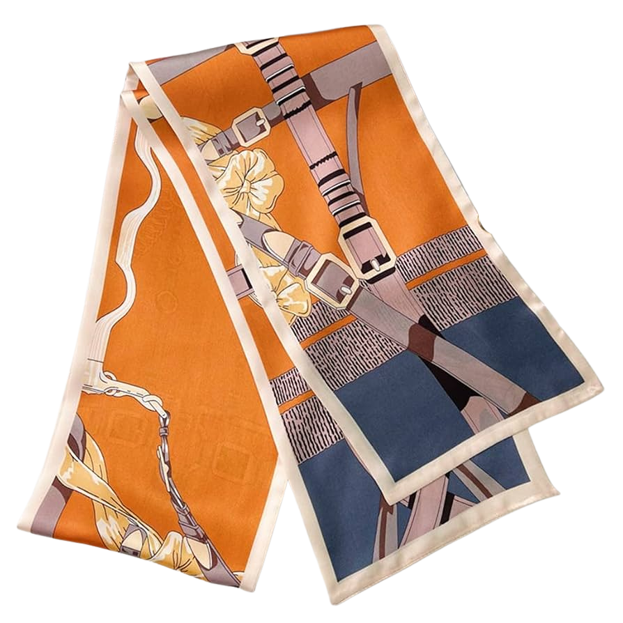 Slim reversible silk scarf with orange and blue equestrian buckle and floral print.