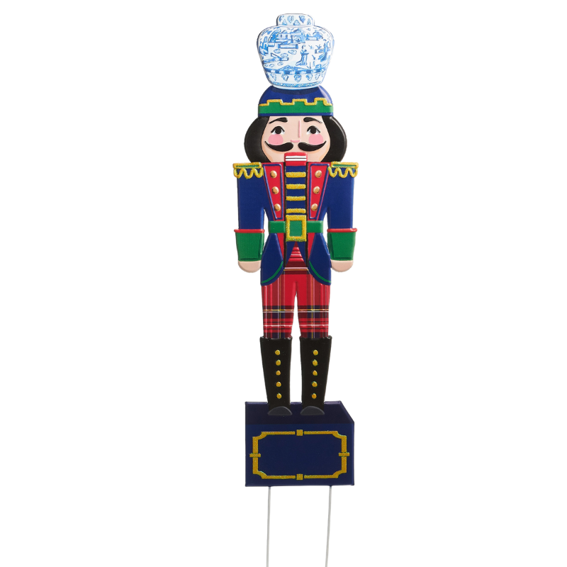 44.5-inch metal nutcracker yard stake with a blue coat, plaid pants, and a blue and white vase hat.