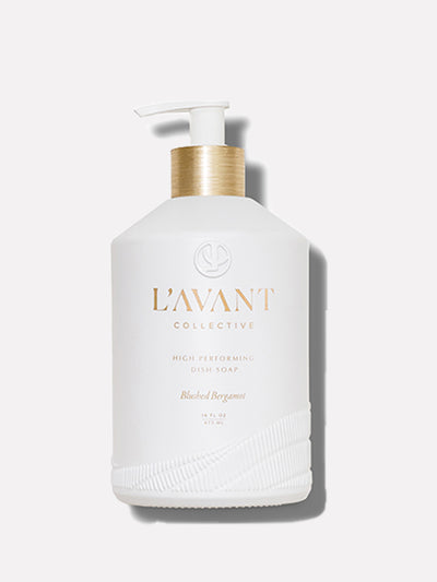 Refillable glass dish soap bottle with brushed gold pump in Blushed Bergamot scent