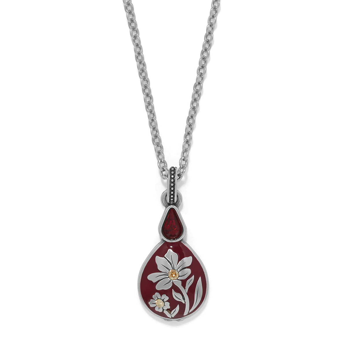 Everbloom Flora Short Necklace with a silver-plated chain and red enamel floral teardrop pendant.