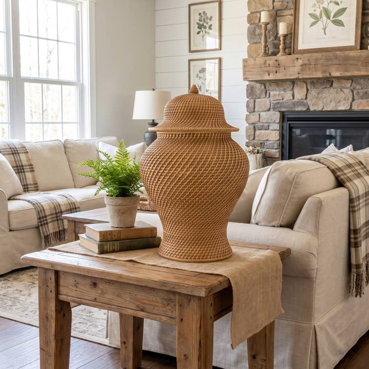 Faux wicker polyresin ginger jar with a basket-weave texture on a rustic wooden side table.