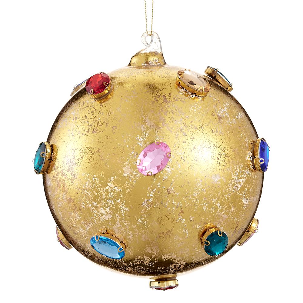 6-inch gold glass ball ornament with a distressed finish and colorful embedded rhinestones.