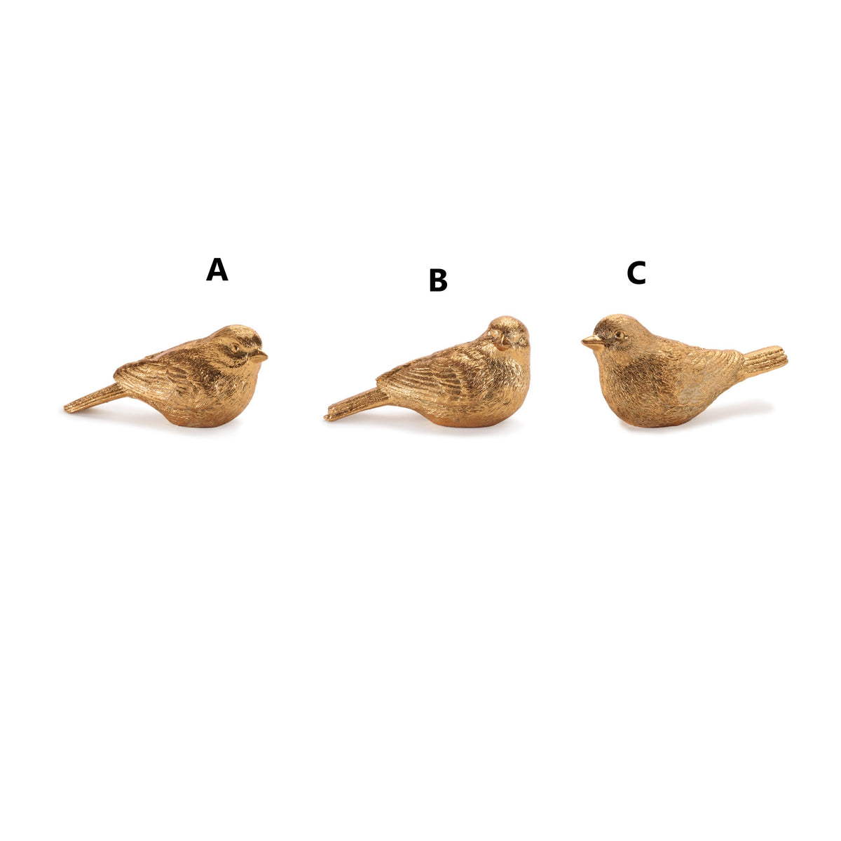 Three small gold resin bird figurines in different poses labeled A, B, and C.