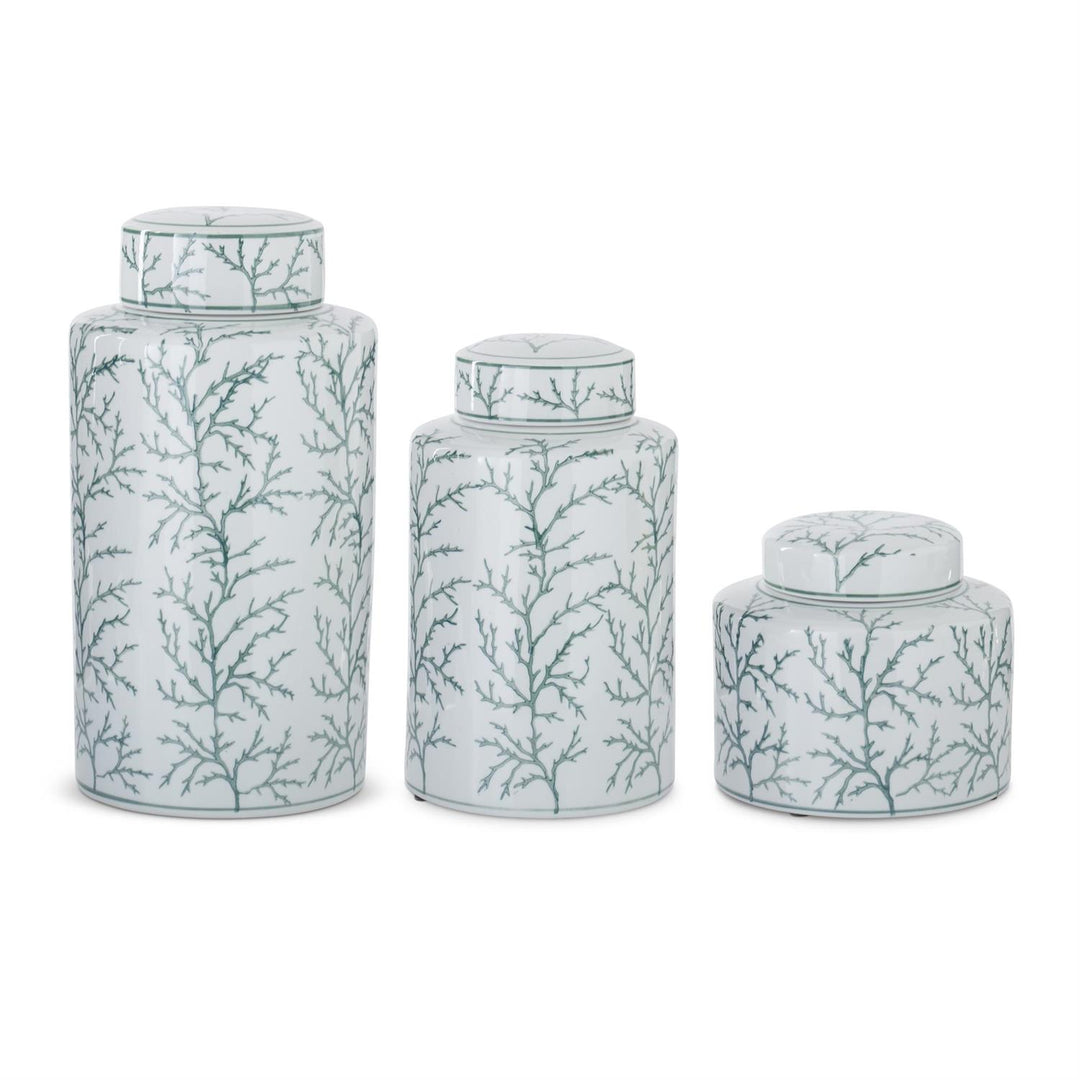 White & Green Coral Ceramic Ginger Jar