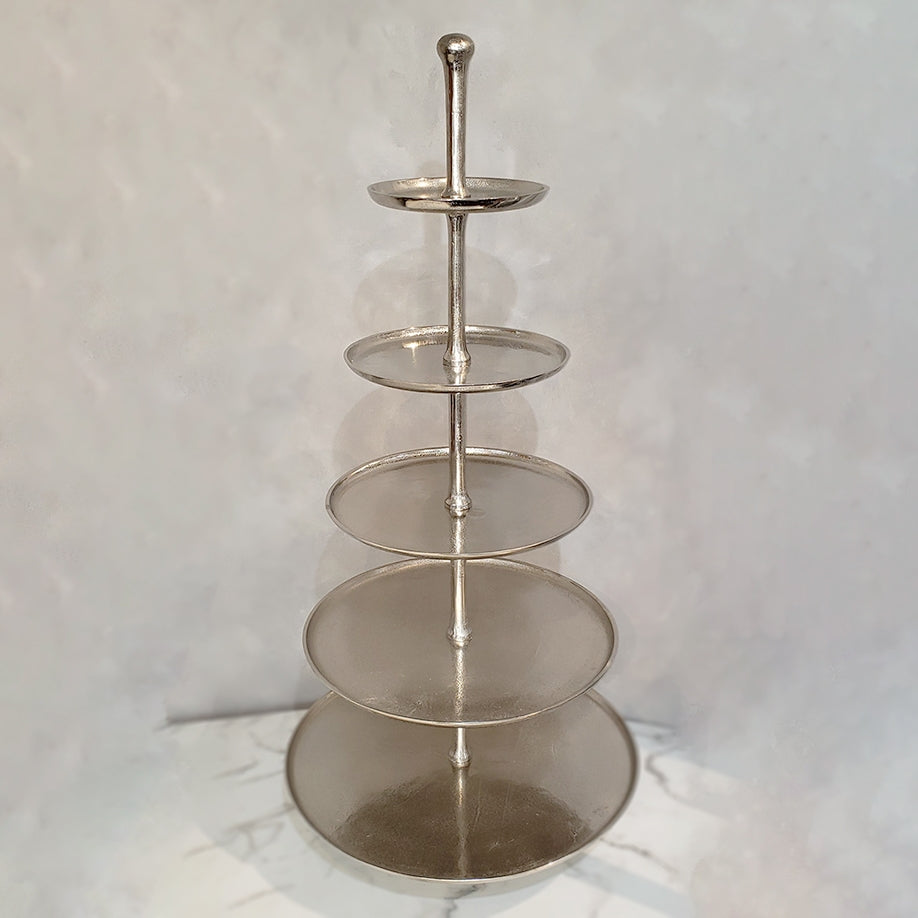 Silver textured 5-tier aluminum stand with a smooth finish and graduated circular trays.