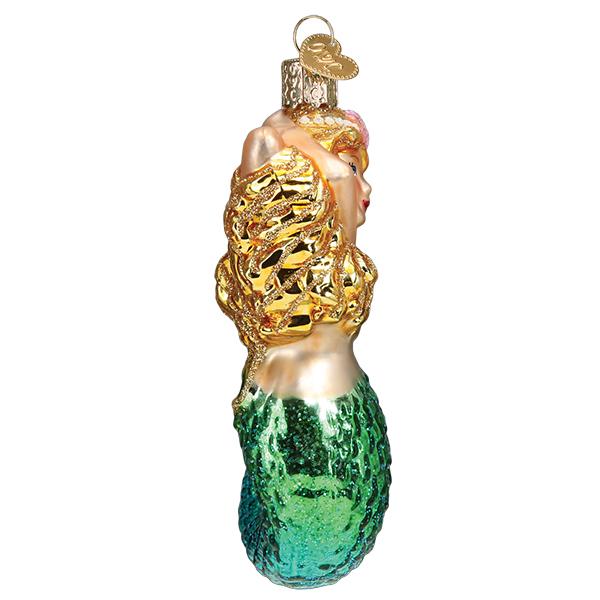 Seashell Mermaid glass ornament with golden hair and a glittery green tail.