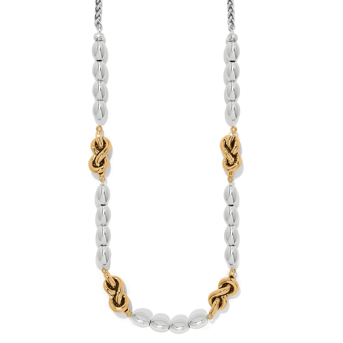 Silver-gold two-tone adjustable single knot drop necklace with lobster claw closure