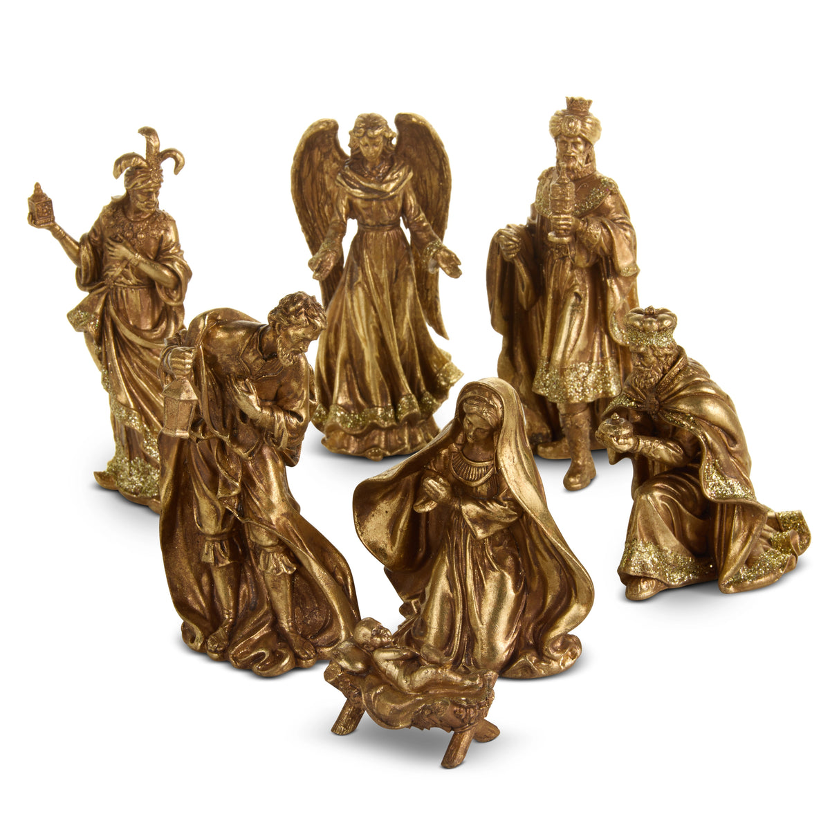 A 5.75-inch classic gold nativity set featuring seven detailed figurines with a glitter finish.