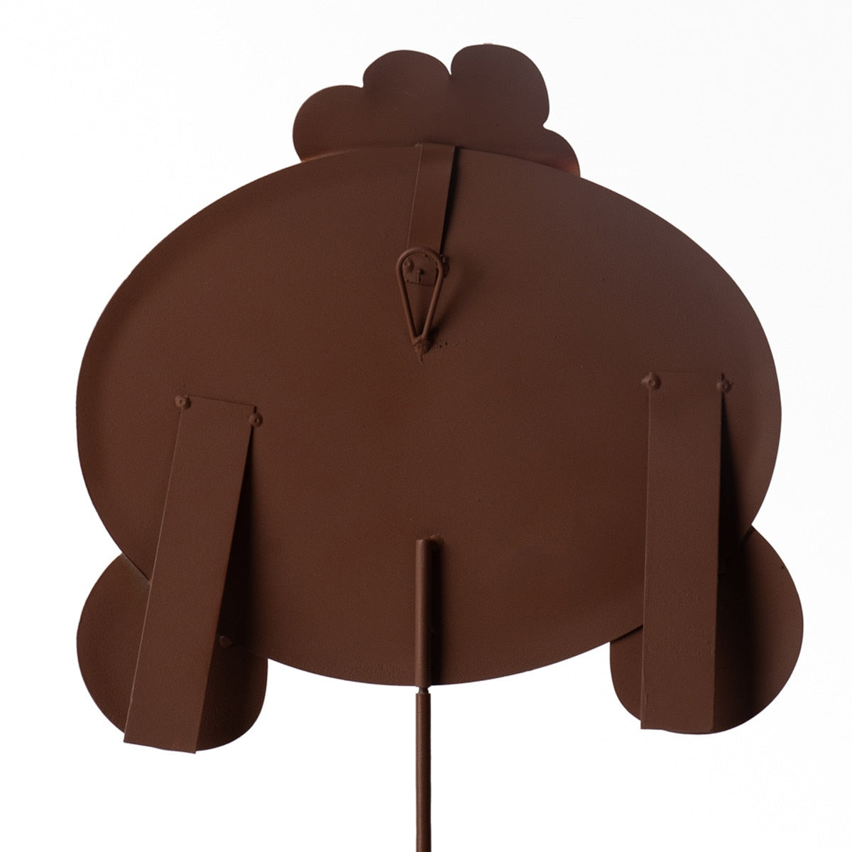 Brown metal bunny bottom garden stake with a looped hanger on the back.