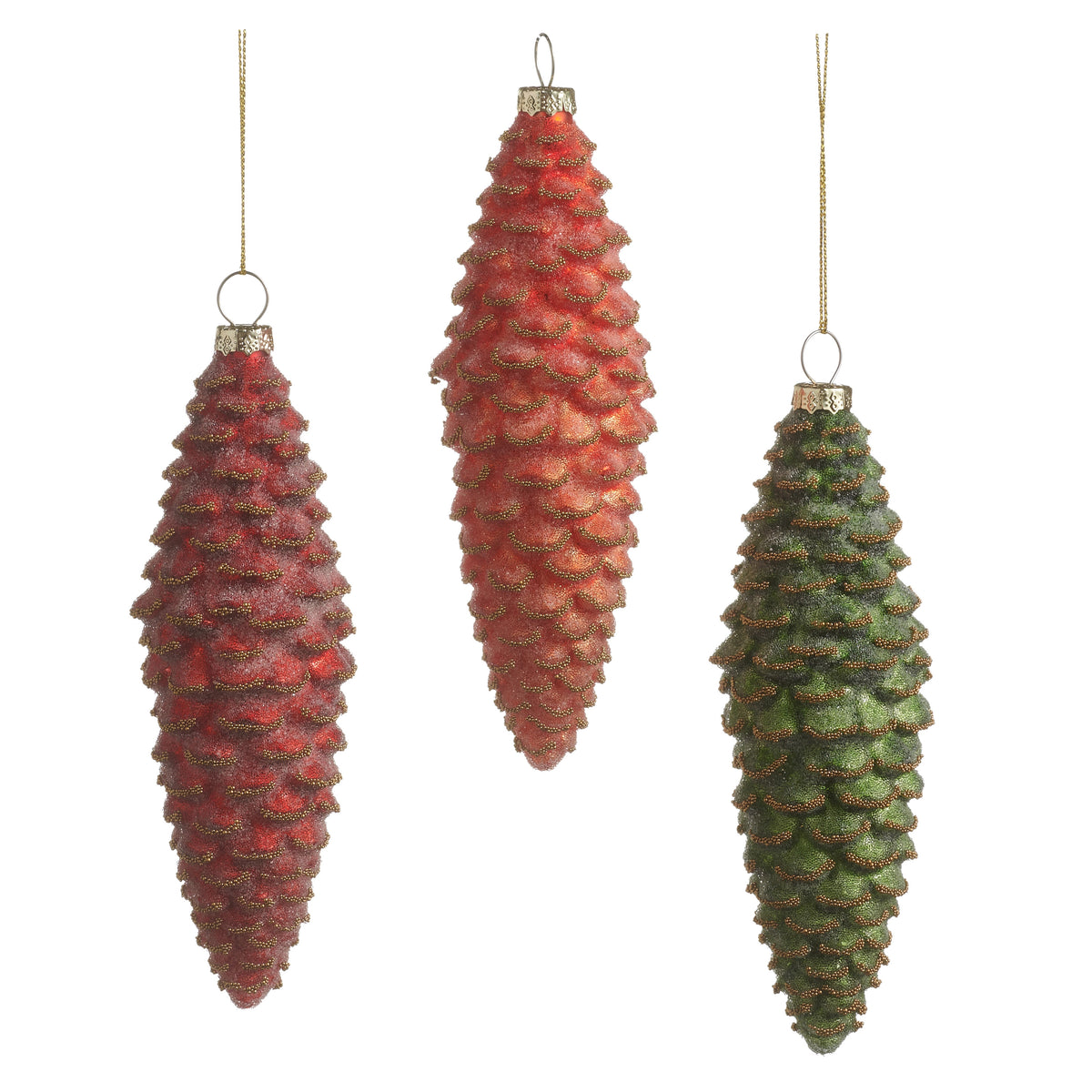 Set of three 5.75-inch glass pinecone ornaments in red, orange, and green with glitter accents.
