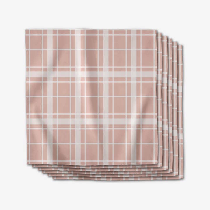 Set of six square Geosuede dinner napkins with a single-sided geometric print in neutral tones.