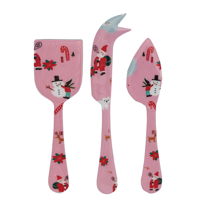 Set of enameled stainless steel cheese servers in a natural finish with rounded handles.