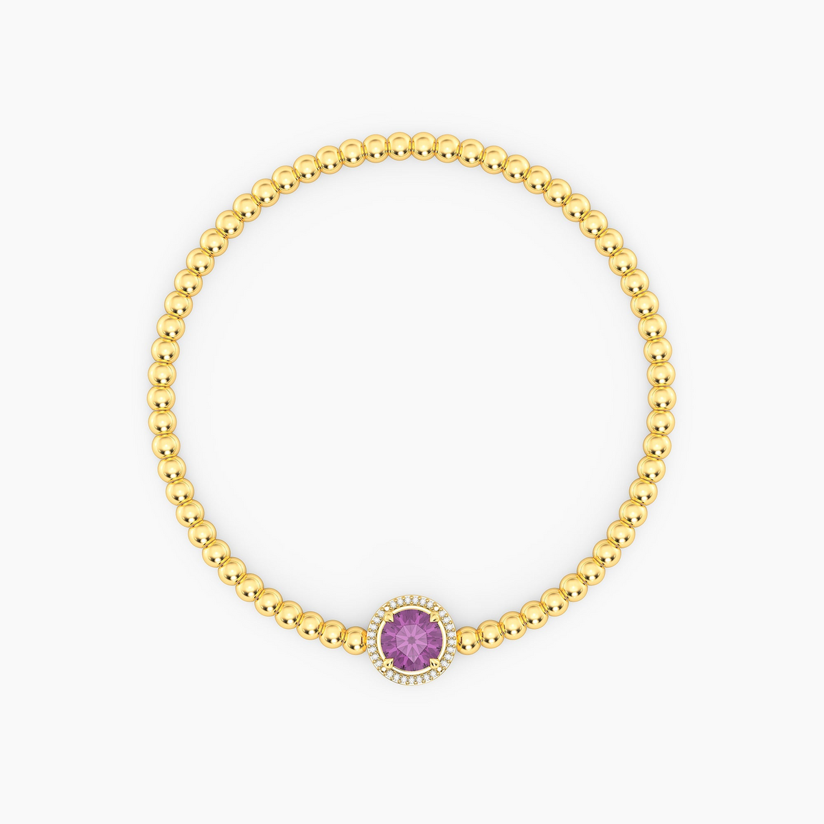 Gold-plated beaded bracelet with a round purple birthstone charm and diamond halo.