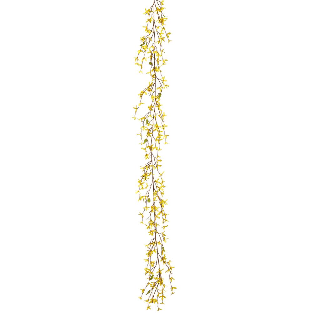 Yellow Forsythia flower garland with six-inch blooms on a green stem.