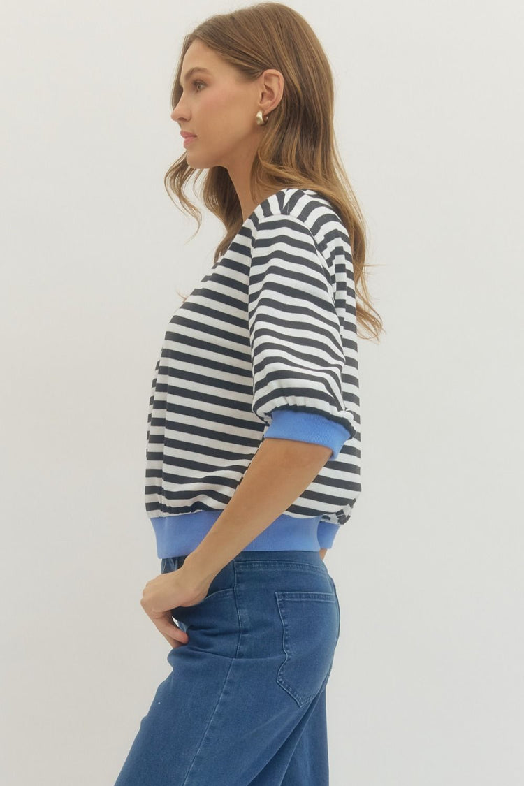 Sandra striped half-sleeve knit top in a cotton-polyester blend with a relaxed silhouette.