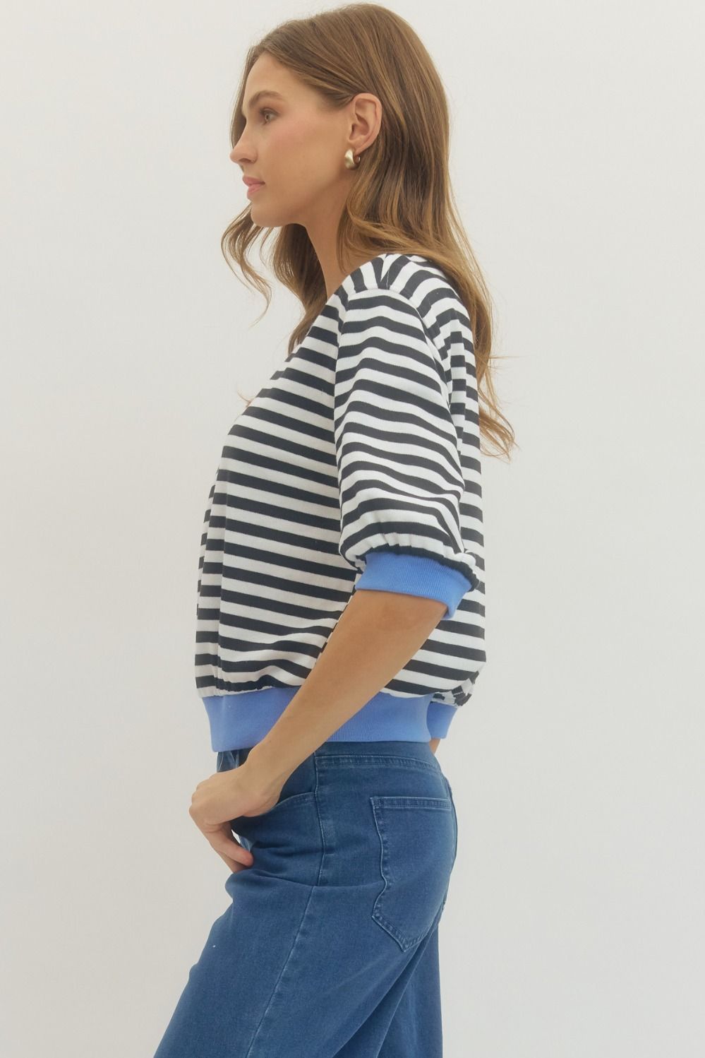 Sandra striped half-sleeve knit top in a cotton-polyester blend with a relaxed silhouette.