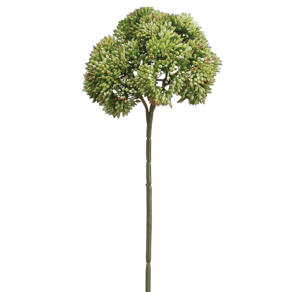 Three artificial sedum stems in green and pink plastic with wire support