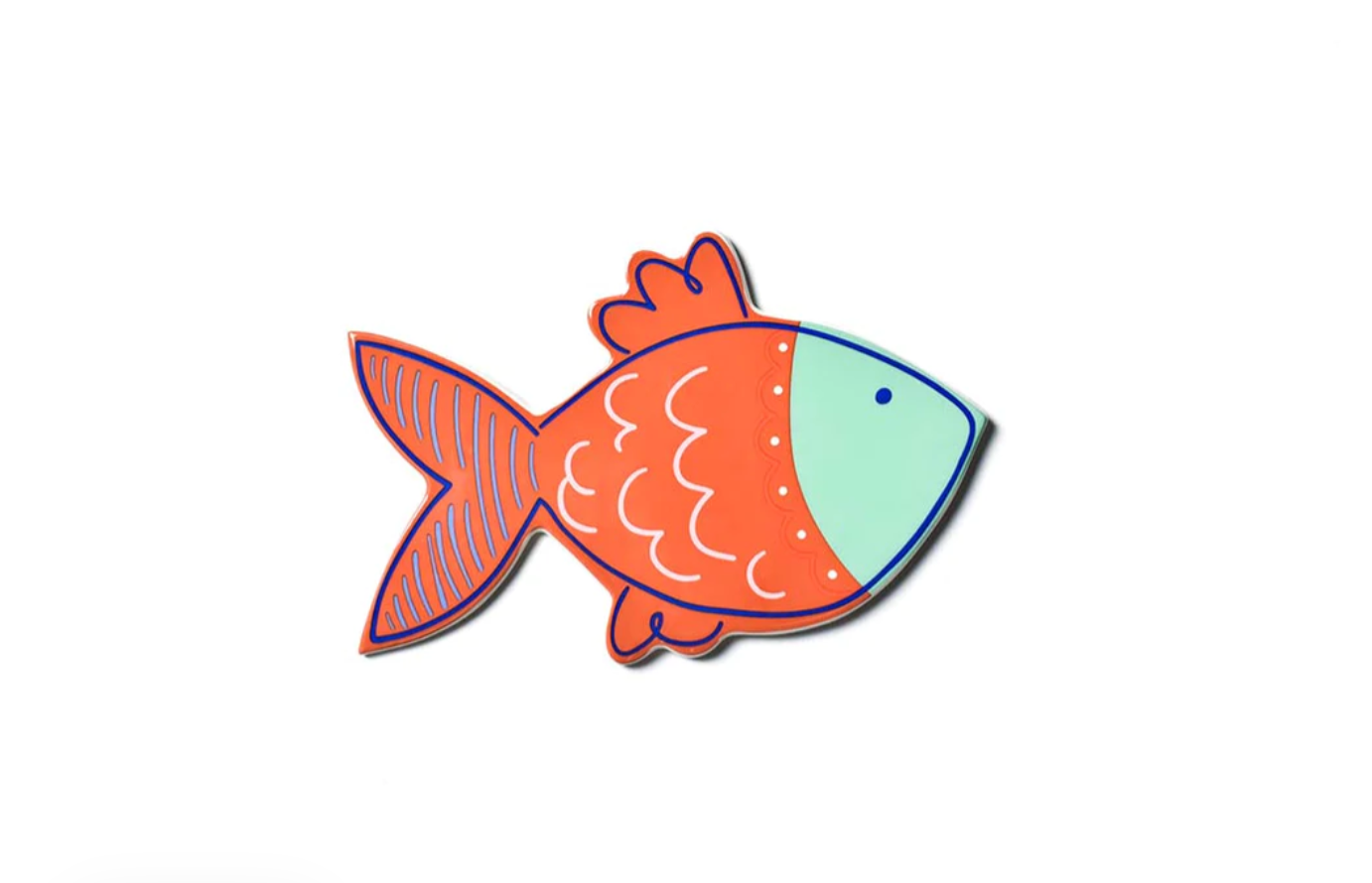 Orange fish attachment with light blue face and blue striped tail, decorated with white wavy lines.