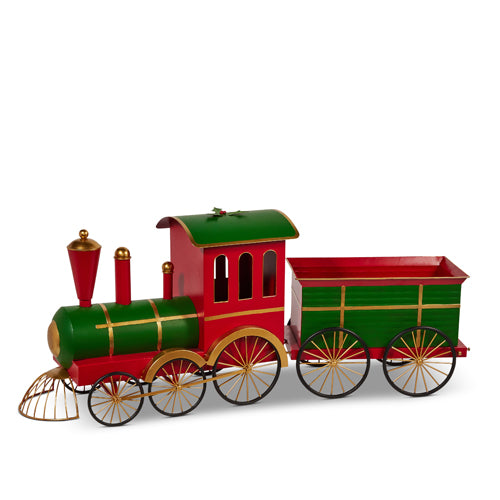 A 61-inch decorative iron train with a red and green engine and a matching train car.
