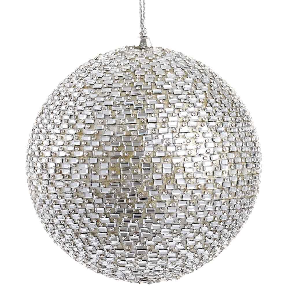 5-inch silver ball ornament covered in rectangular and round clear jewels.