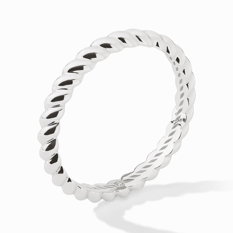 Silver Ravello Bangle with a polished, twisted rope design on a white background.