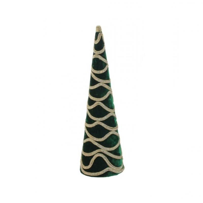 Green velvet cone tree with wavy gold jewel embellishments on a white background.