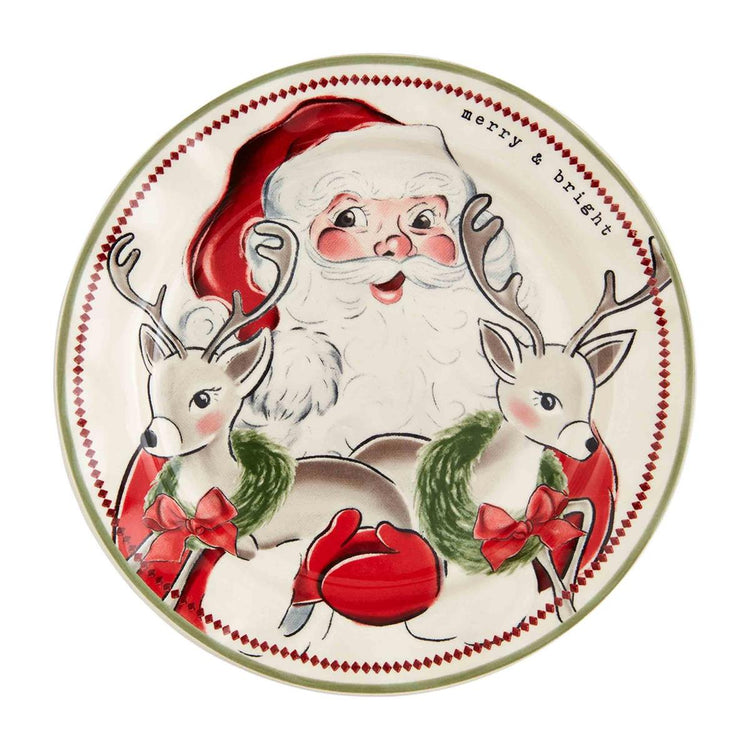 Vintage Santa Salad stoneware bowl with an 8-inch diameter featuring a festive red and white holiday pattern.