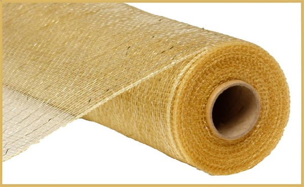 A roll of gold metallic polypropylene mesh ribbon with a fine grid pattern.