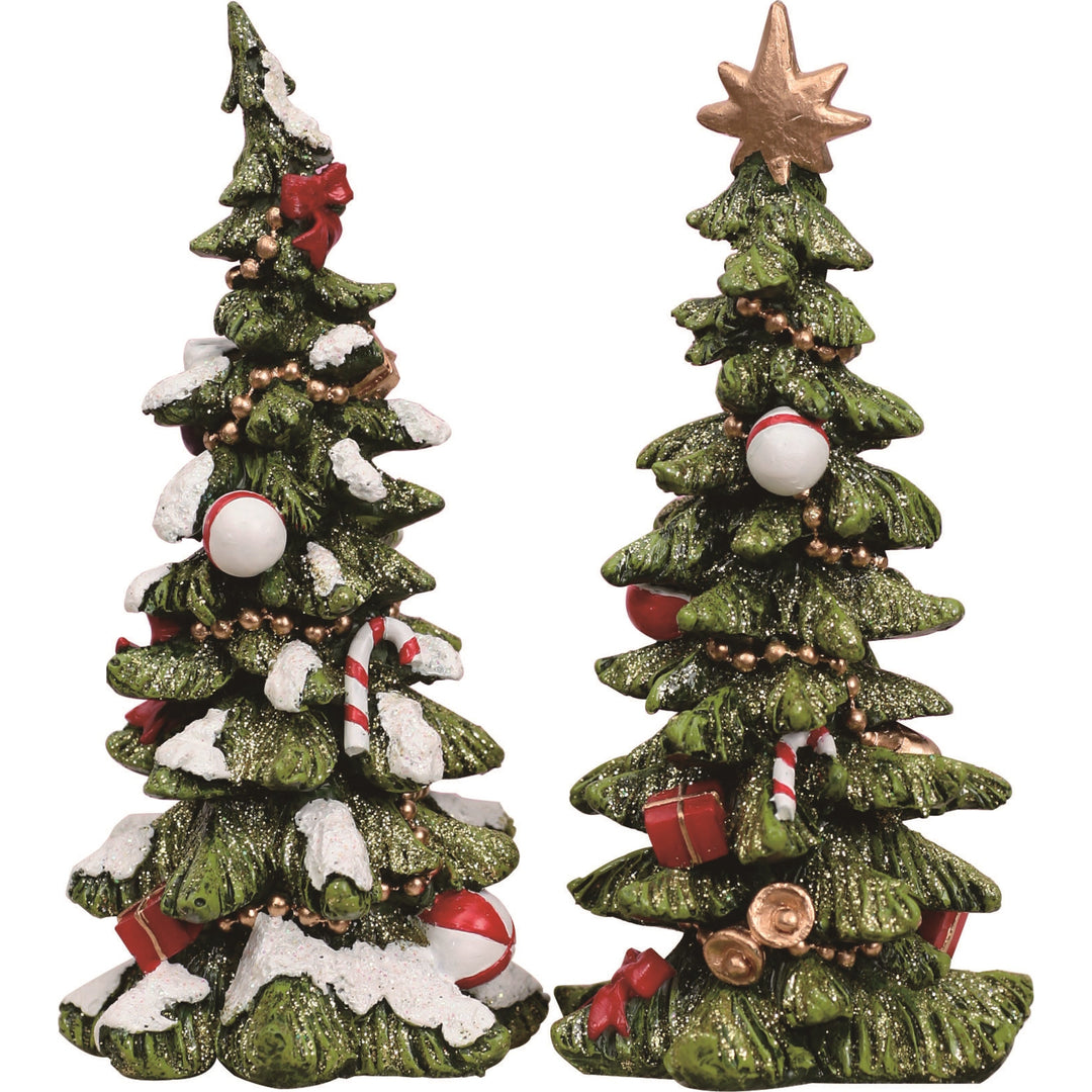Resin holiday tree ornament in green with gold accents