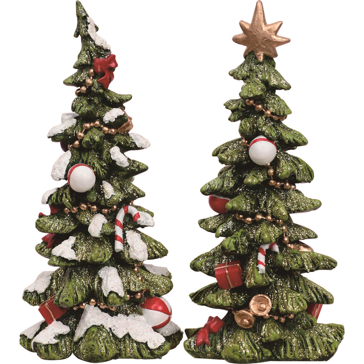Resin holiday tree ornament in green with gold accents