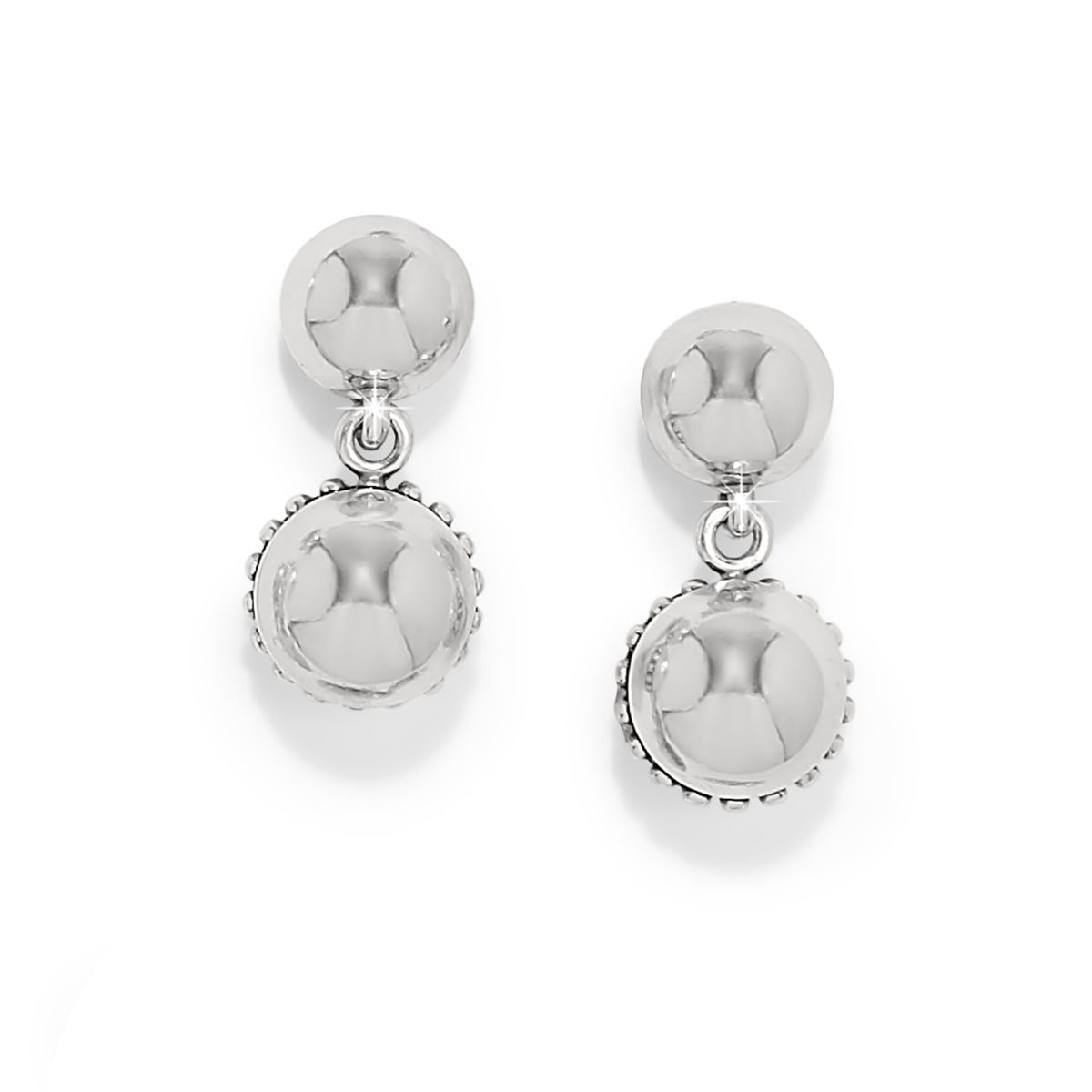 Silver plated Pretty Tough Bold Stud Post Drop Earrings featuring two polished spheres.