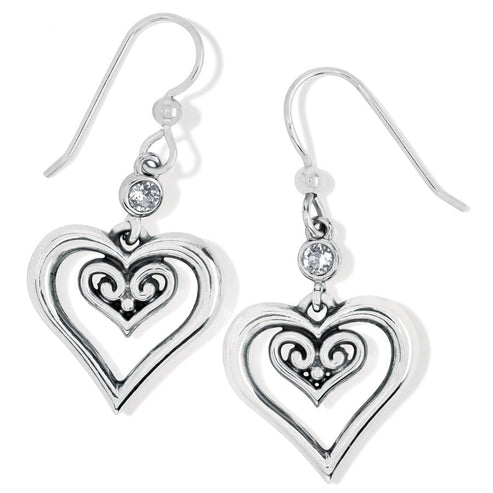 Alcazar Duet Heart French Wire Earrings featuring silver-plated double hearts and crystals.