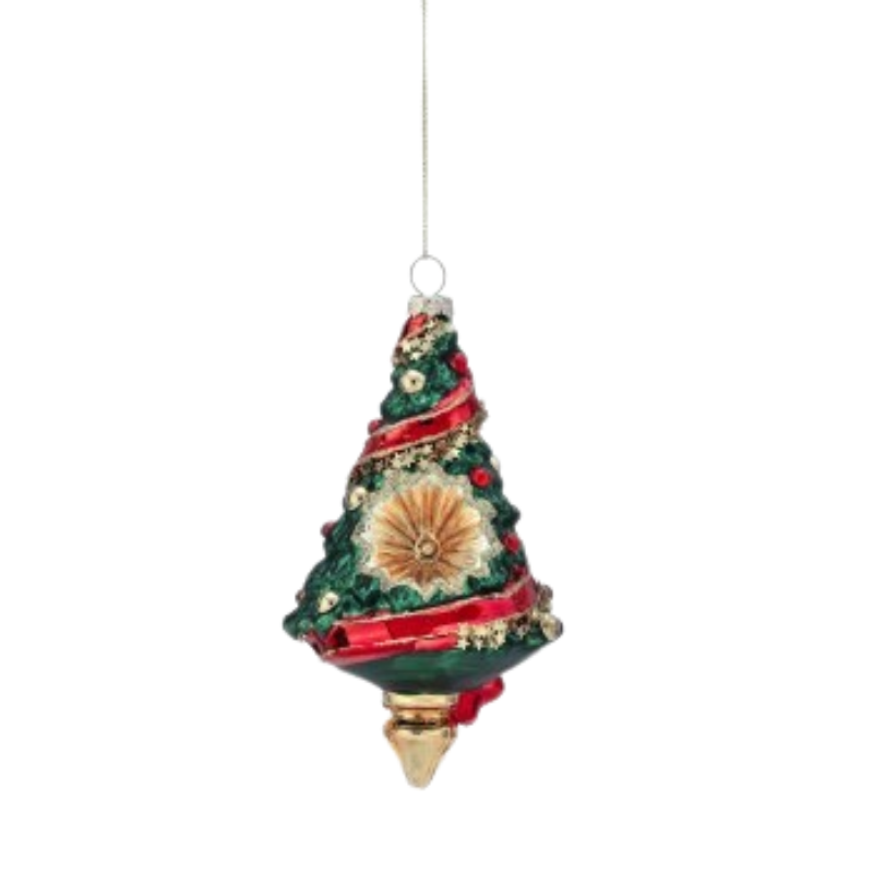 6-inch green glass Christmas tree ornament with red ribbon accents and a gold reflector center.