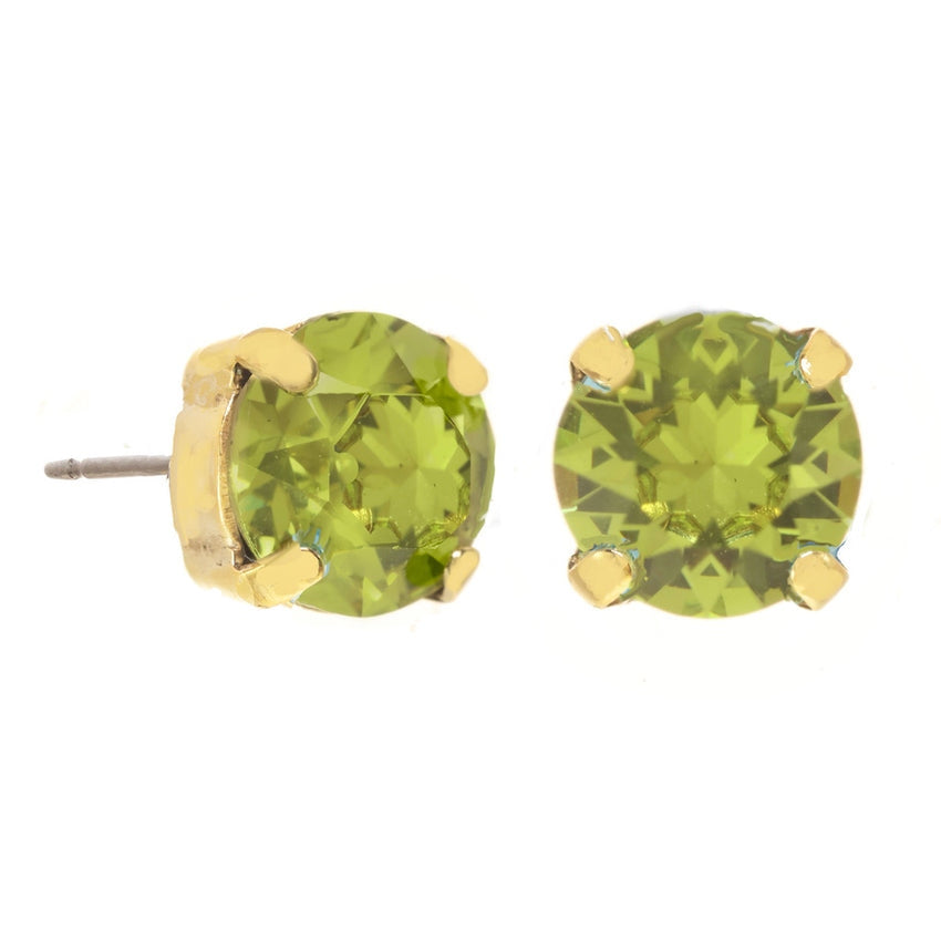 Oakland Studs in Citrus Lime featuring round, faceted lime green crystals in gold-tone prong settings