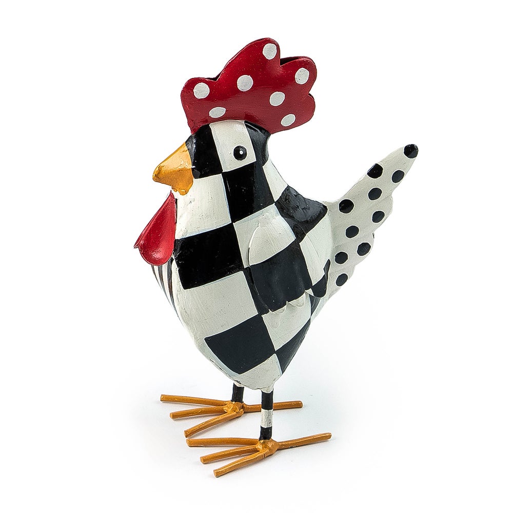 Handmade iron rooster figurine with a checkered dot pattern in black and white.