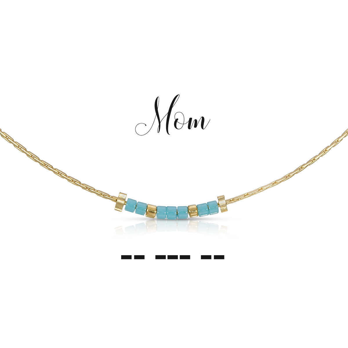 Gold chain Mom necklace featuring blue and gold beads that spell 'Mom' in Morse code.