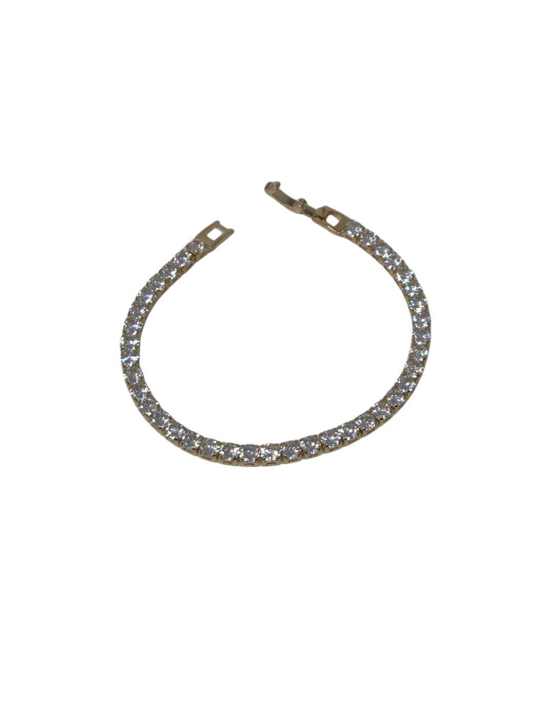 Gold crystal clasp bracelet featuring a continuous line of round-cut clear stones in a gold setting.