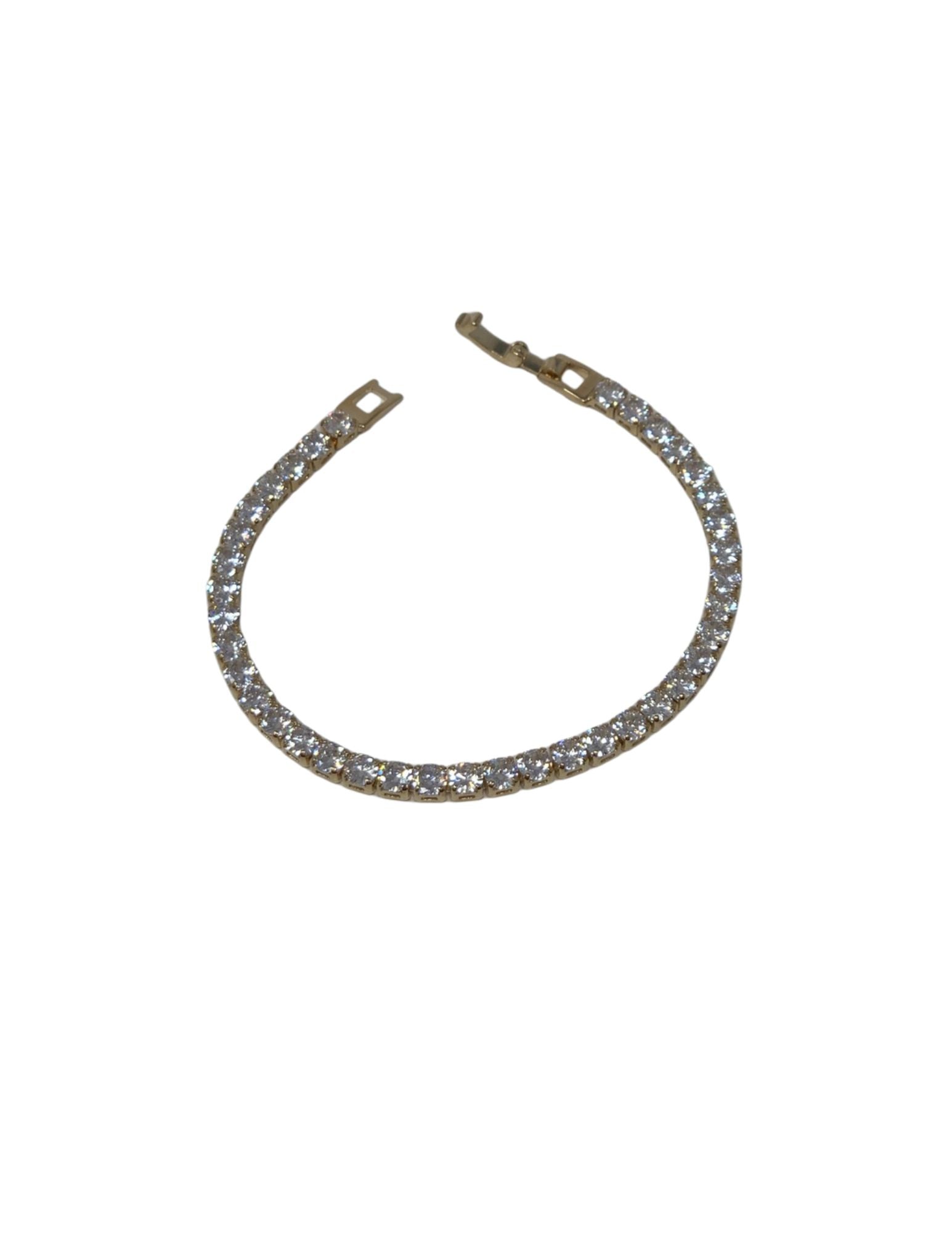 Gold crystal clasp bracelet featuring a continuous line of round-cut clear stones in a gold setting.