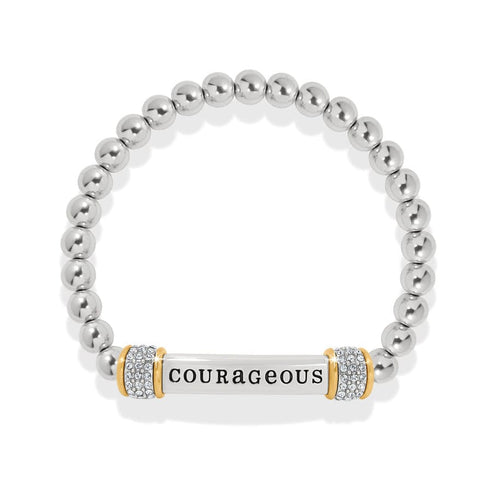 Meridian Courageous Two Tone Stretch Bracelet with silver beads and a bar engraved with COURAGEOUS.