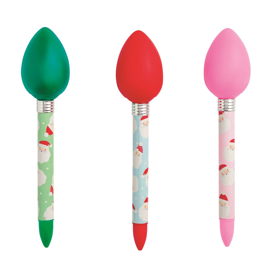Three Christmas bulb light-up pens in green, red, and pink with Santa Claus patterned barrels.