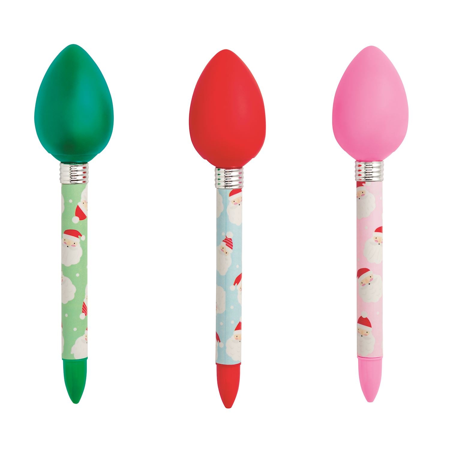 Three Christmas bulb light-up pens in green, red, and pink with Santa Claus patterned barrels.