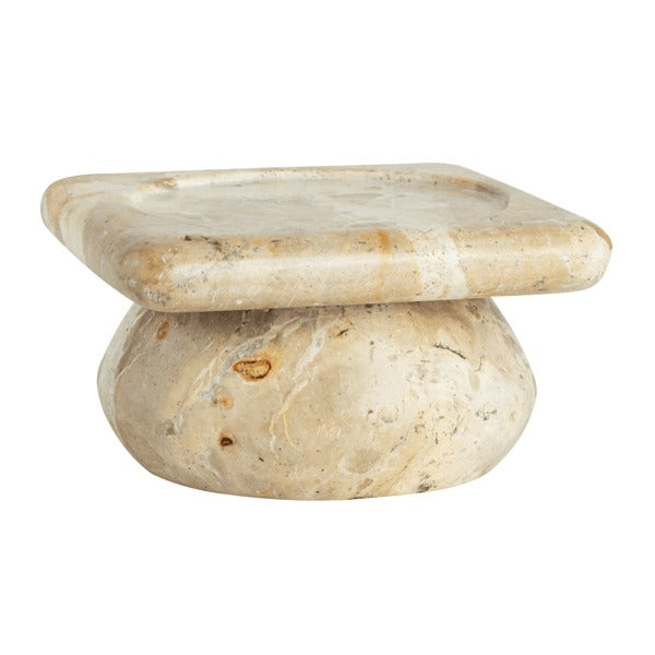 Square marble pillar holder with a rounded pedestal base in a natural beige stone finish.