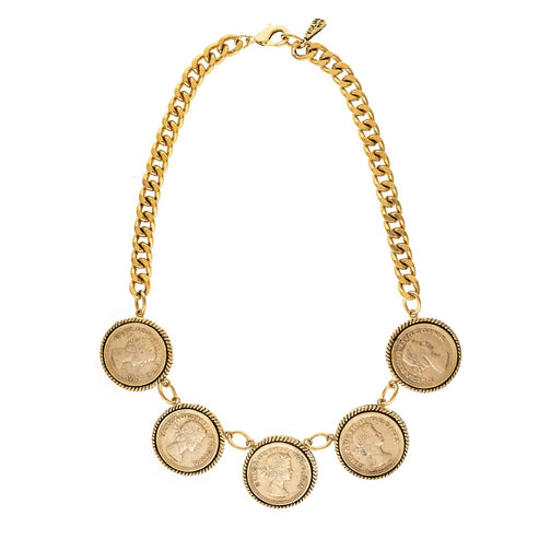 Groat Necklace featuring five gold coin pendants on a chunky gold chain.