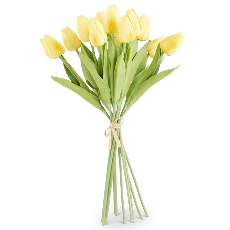 Bundle of three 13-inch polyurethane tulips with green leaves in natural tones.